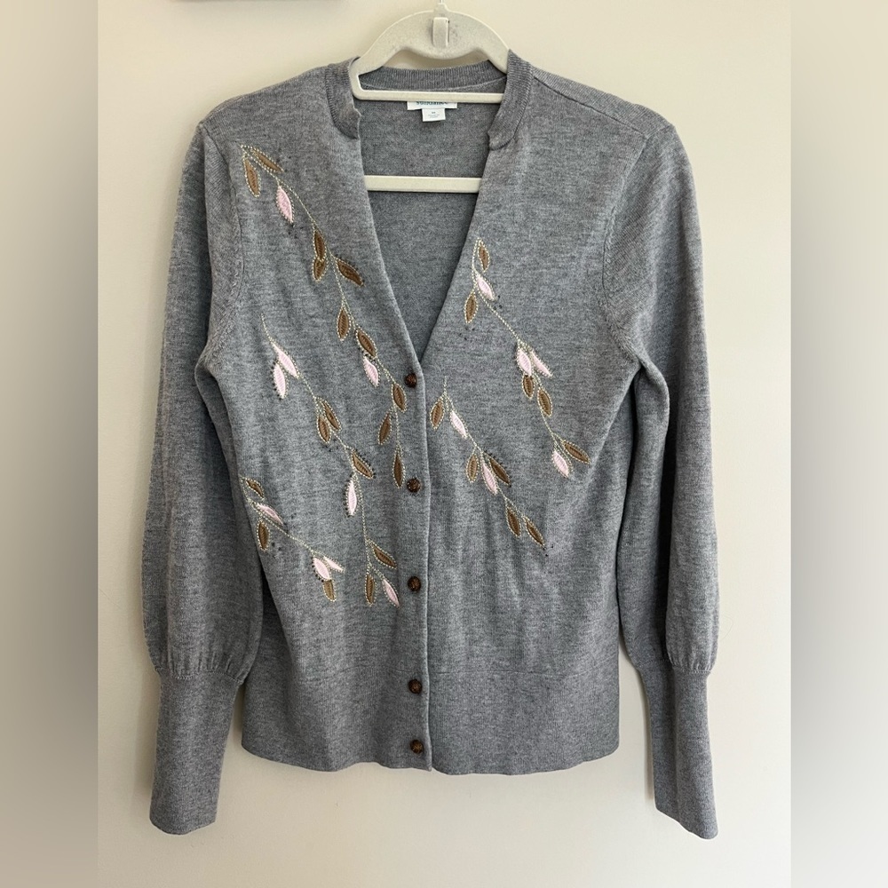 Sundance Afterlight Embroidered Cardigan Sweater Gray Merino Wool Size M